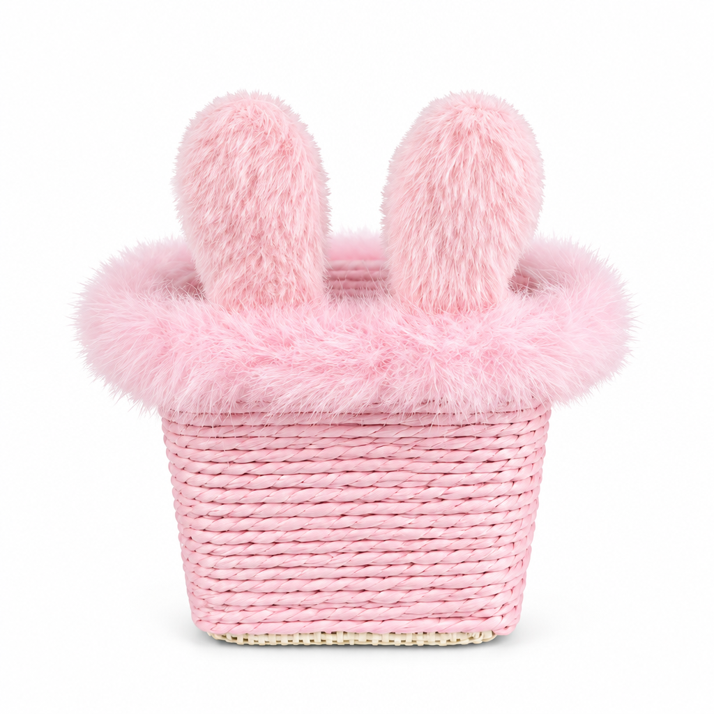 Bunny Ear Woven Storage Basket | Kids Toy Clothes & Small Item Organizer | Plush Rabbit Home Decor Basket