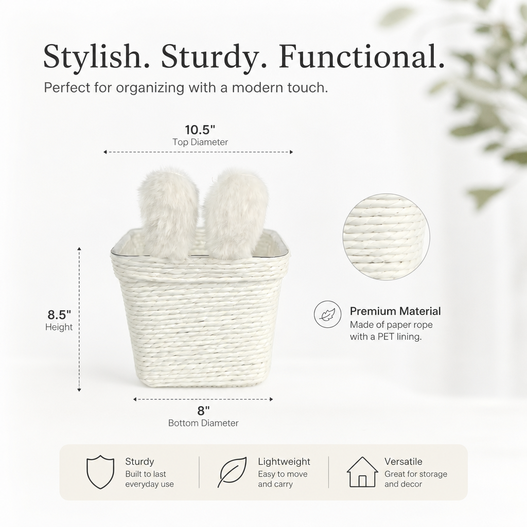White Woven Storage Basket with Bunny Ear Design – Multipurpose Home Desktop Organizer