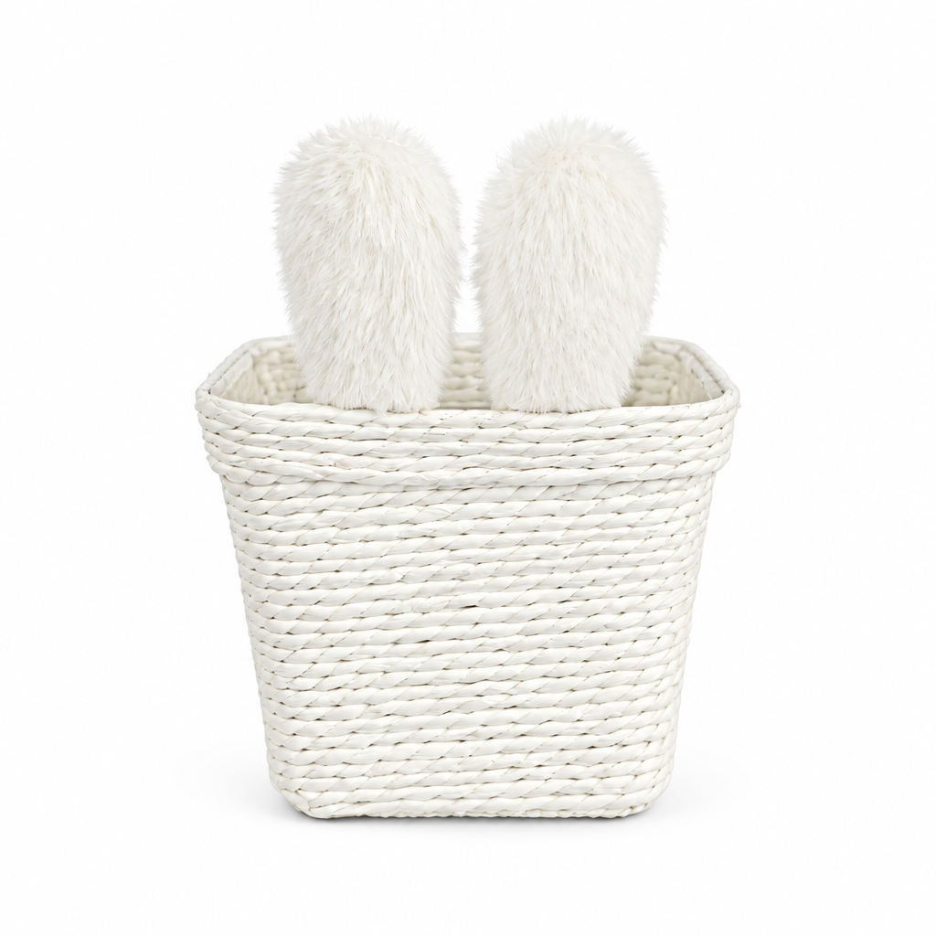 White Woven Storage Basket with Bunny Ear Design – Multipurpose Home Desktop Organizer