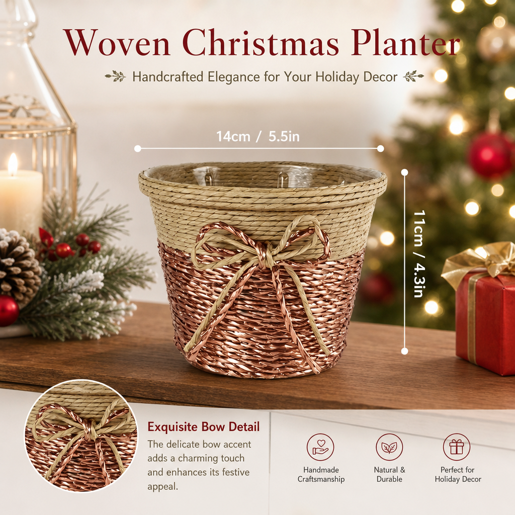 Custom Woven Christmas Gift Basket with Elegant Bow Detail | Handmade Holiday Planter & Gift Basket