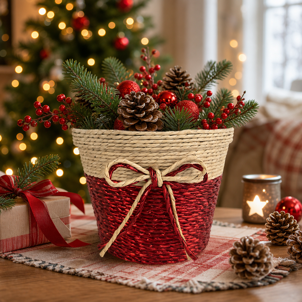 Handwoven Paper Rope Gift Basket with Festive Bow – Reusable Christmas & Holiday Gift Basket, Custom Size, Color & Design