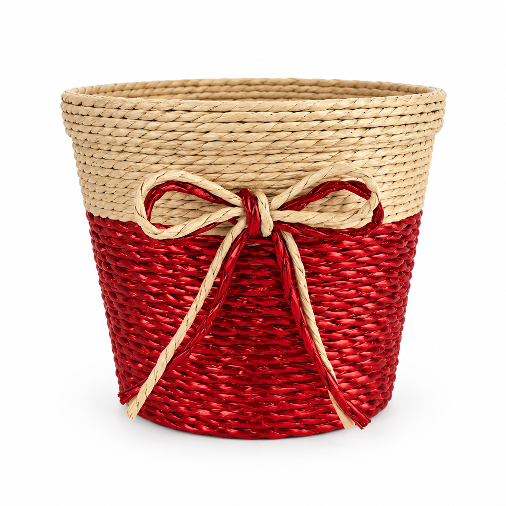 Handwoven Paper Rope Gift Basket with Festive Bow – Reusable Christmas & Holiday Gift Basket, Custom Size, Color & Design