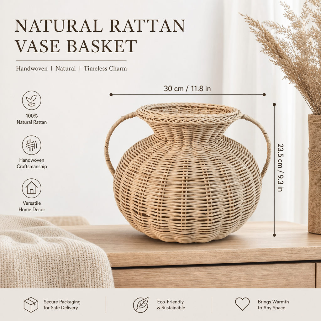 Handwoven Natural Rattan Vase Basket with Handles – Rustic Floral Arrangement & Home Decor
