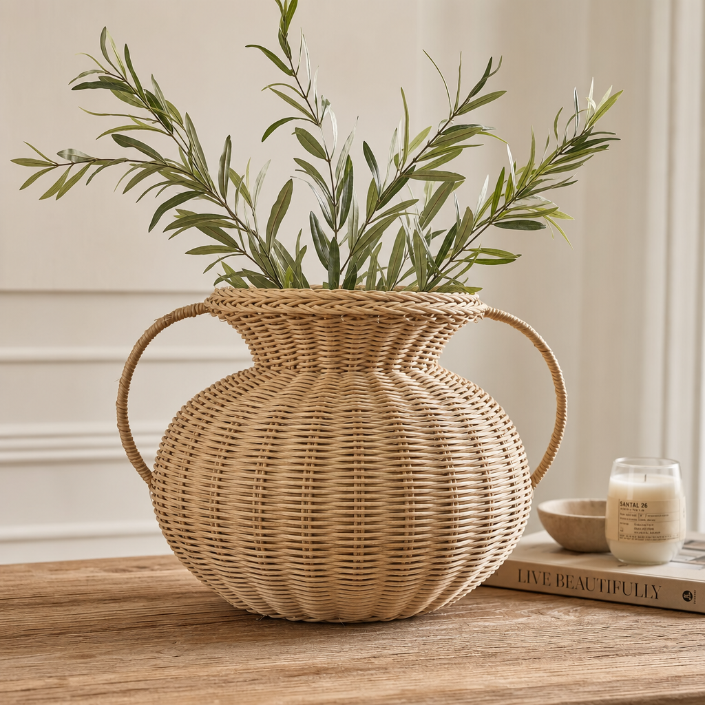 Handwoven Natural Rattan Vase Basket with Handles – Rustic Floral Arrangement & Home Decor