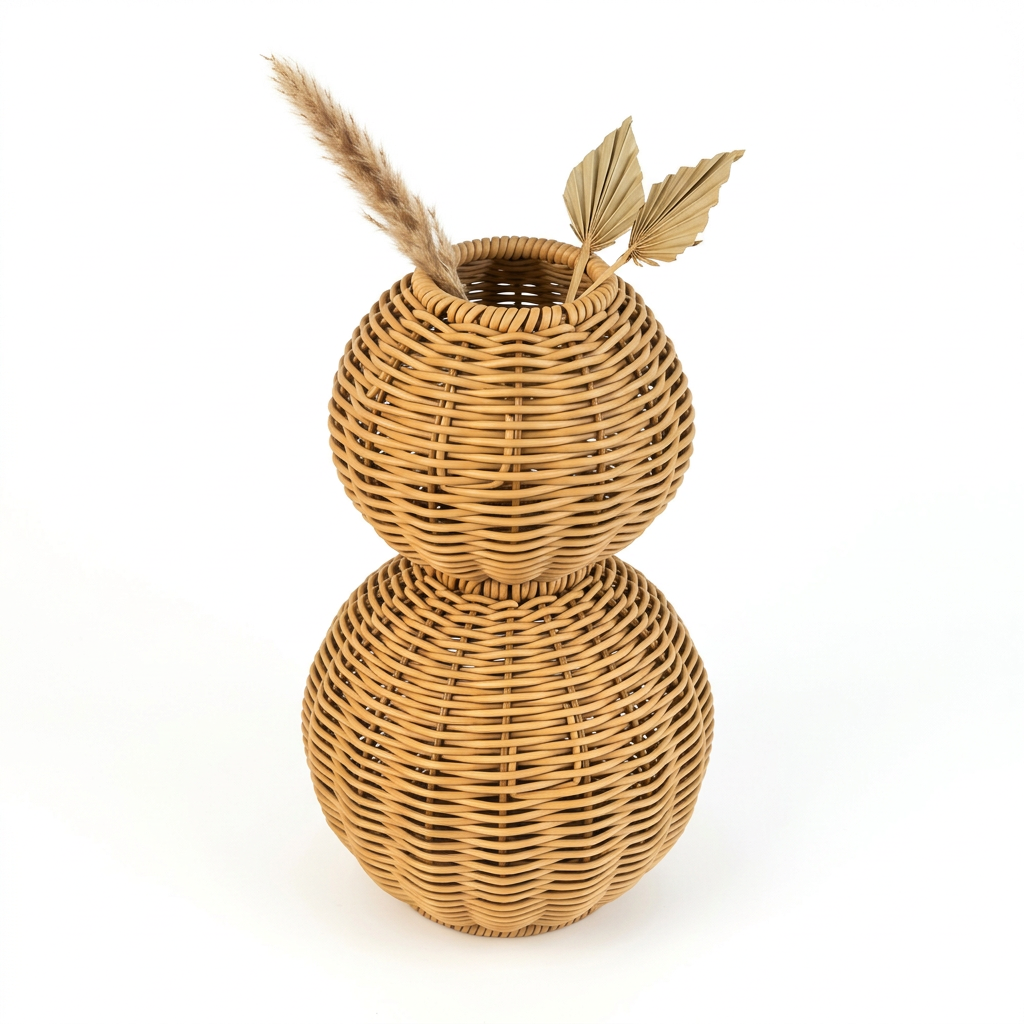 Decorative Handwoven Wicker Floor Vase with Double-Round Gourd Design