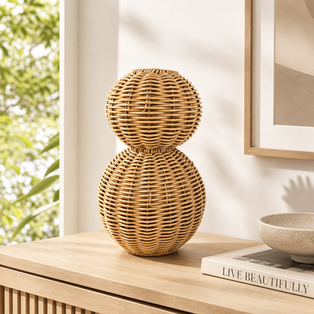Decorative Handwoven Wicker Floor Vase with Double-Round Gourd Design
