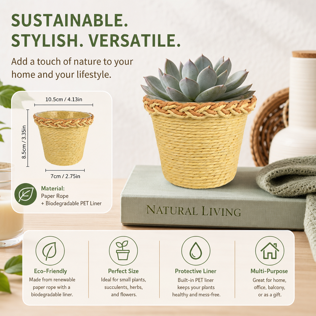 Natural Handwoven Paper Rope Plant Basket with Two-Tone Braided Trim