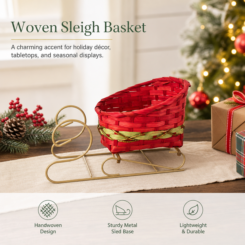 Handwoven Christmas Sleigh Gift Basket with Metal Sled Base – Festive Holiday Gift Hamper & Seasonal Decorative Basket, Custom Size, Color & Design