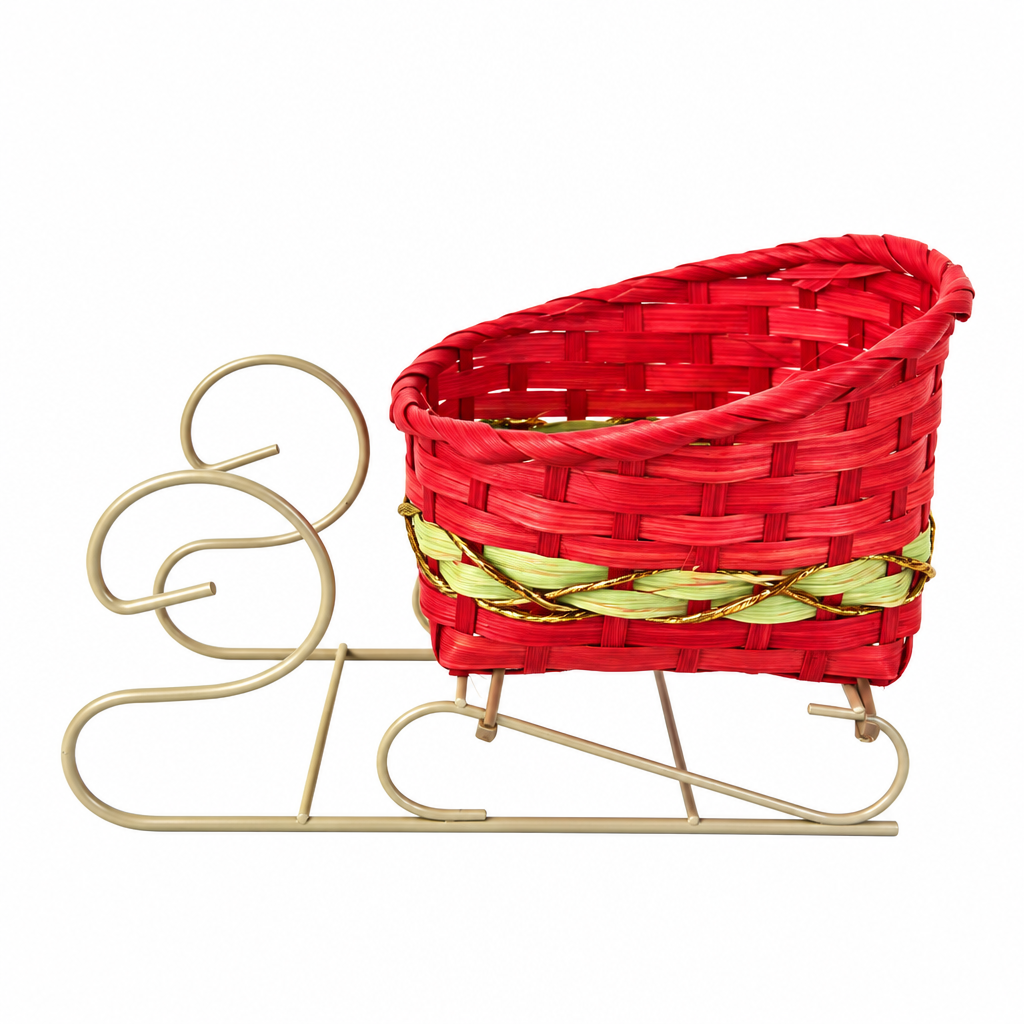 Handwoven Christmas Sleigh Gift Basket with Metal Sled Base – Festive Holiday Gift Hamper & Seasonal Decorative Basket, Custom Size, Color & Design