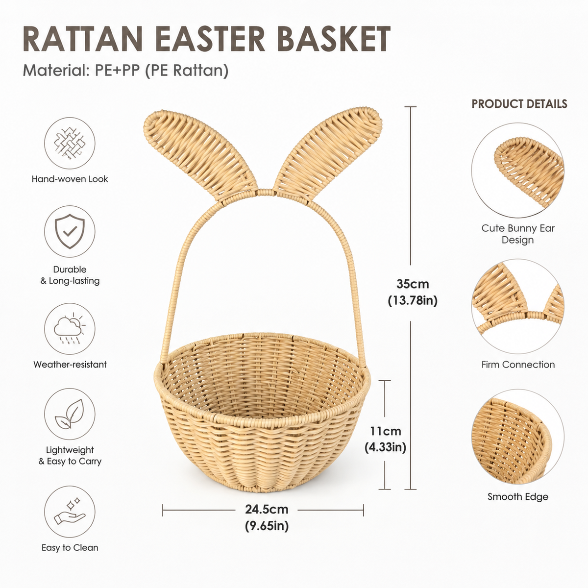 Handwoven Wicker Bunny Ear Basket – Decorative Storage & Easter Gift Basket