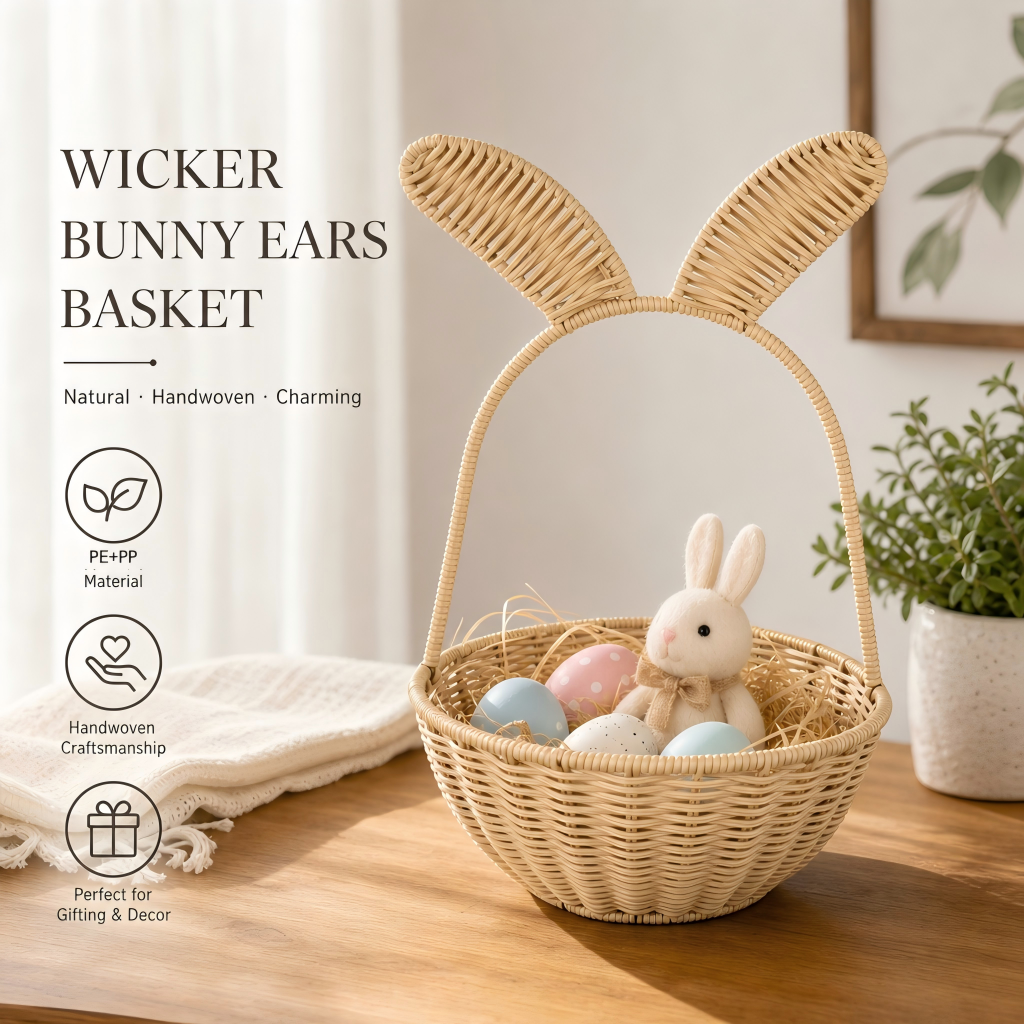 Handwoven Wicker Bunny Ear Basket – Decorative Storage & Easter Gift Basket