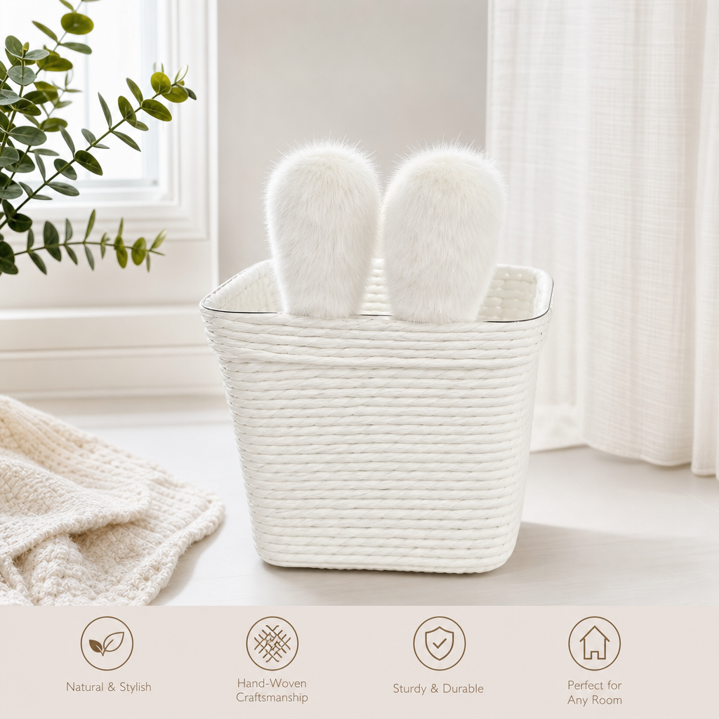 White Woven Storage Basket with Bunny Ear Design – Multipurpose Home Desktop Organizer