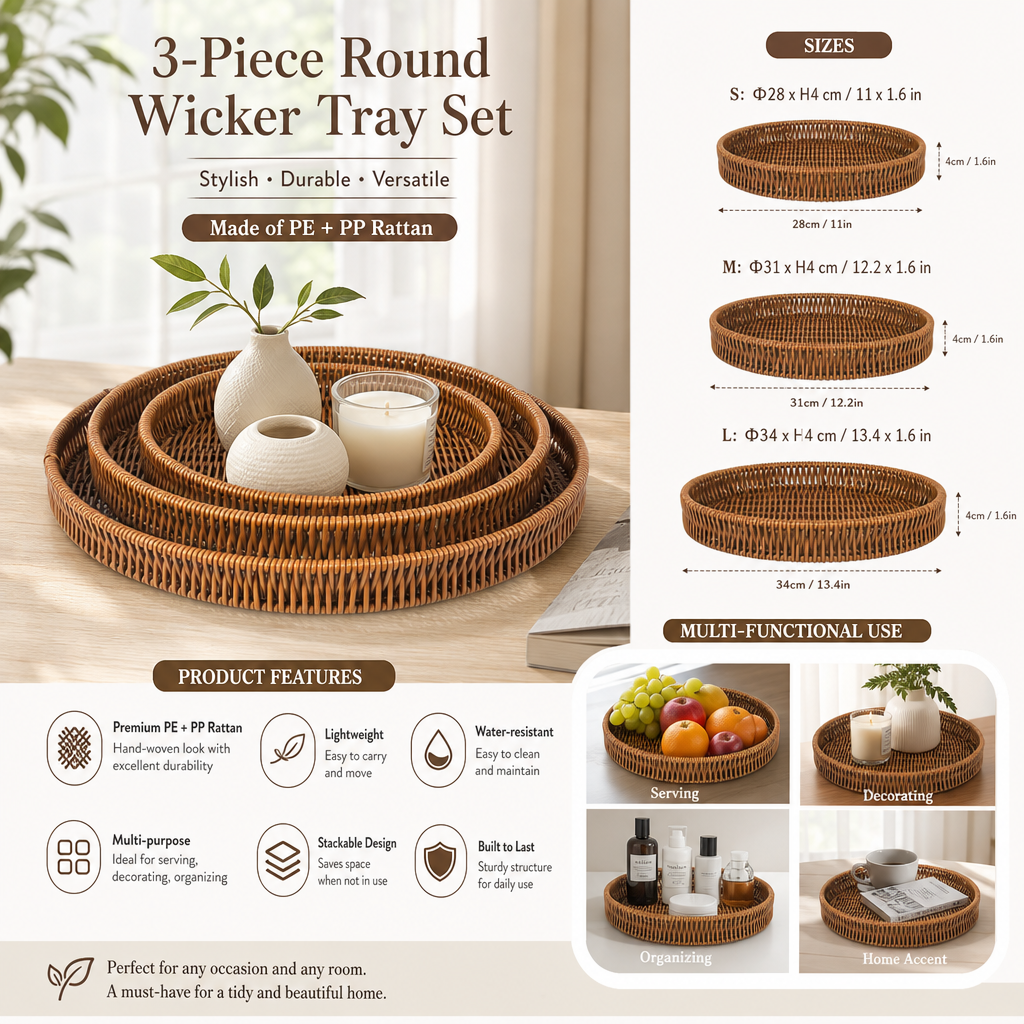 Handwoven Wicker Round Tray Set – Nesting Decorative Serving & Storage Baskets