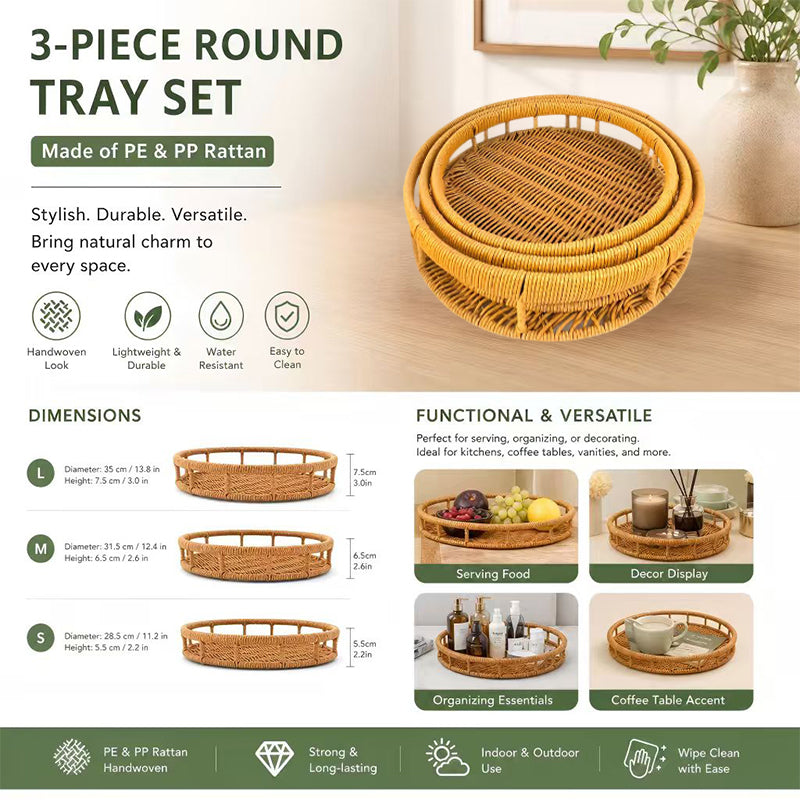 Handwoven Rattan Round Tray Set – Nesting Serving & Decorative Storage Trays