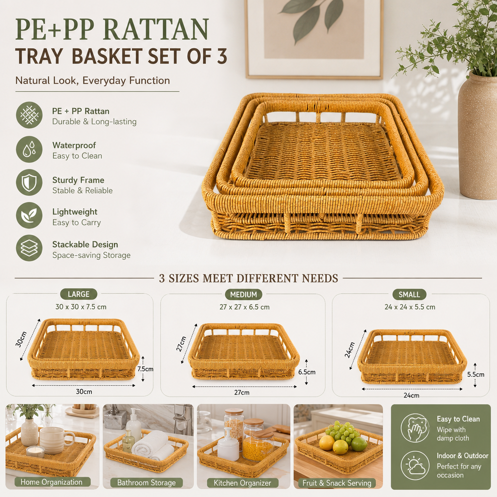 Handwoven Rattan Square Tray Set – Nesting Serving & Decorative Storage Trays
