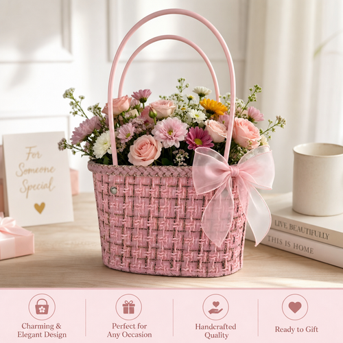 Chic Handwoven Mini Tote Gift Basket – Pink Woven Basket with Double Handles, Lightweight Decorative Gift Basket, Custom Size, Color & Design