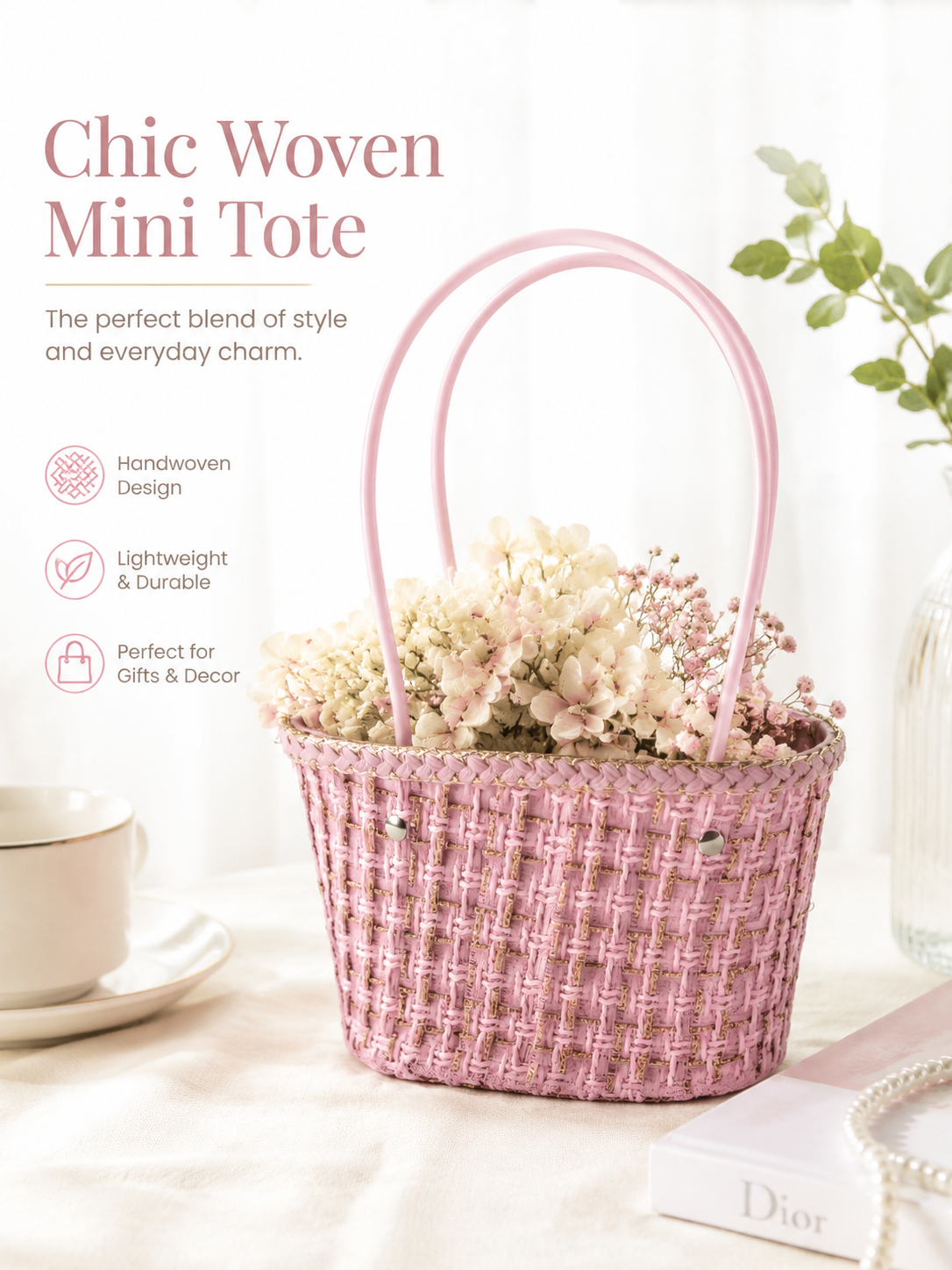 Chic Handwoven Mini Tote Gift Basket – Pink Woven Basket with Double Handles, Lightweight Decorative Gift Basket, Custom Size, Color & Design