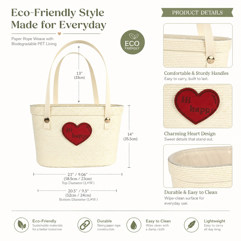 Eco-Friendly Handwoven Paper Rope Gift Basket with Biodegradable PET Lining – Reusable Tote Basket with Heart Detail, Custom Size, Color & Design