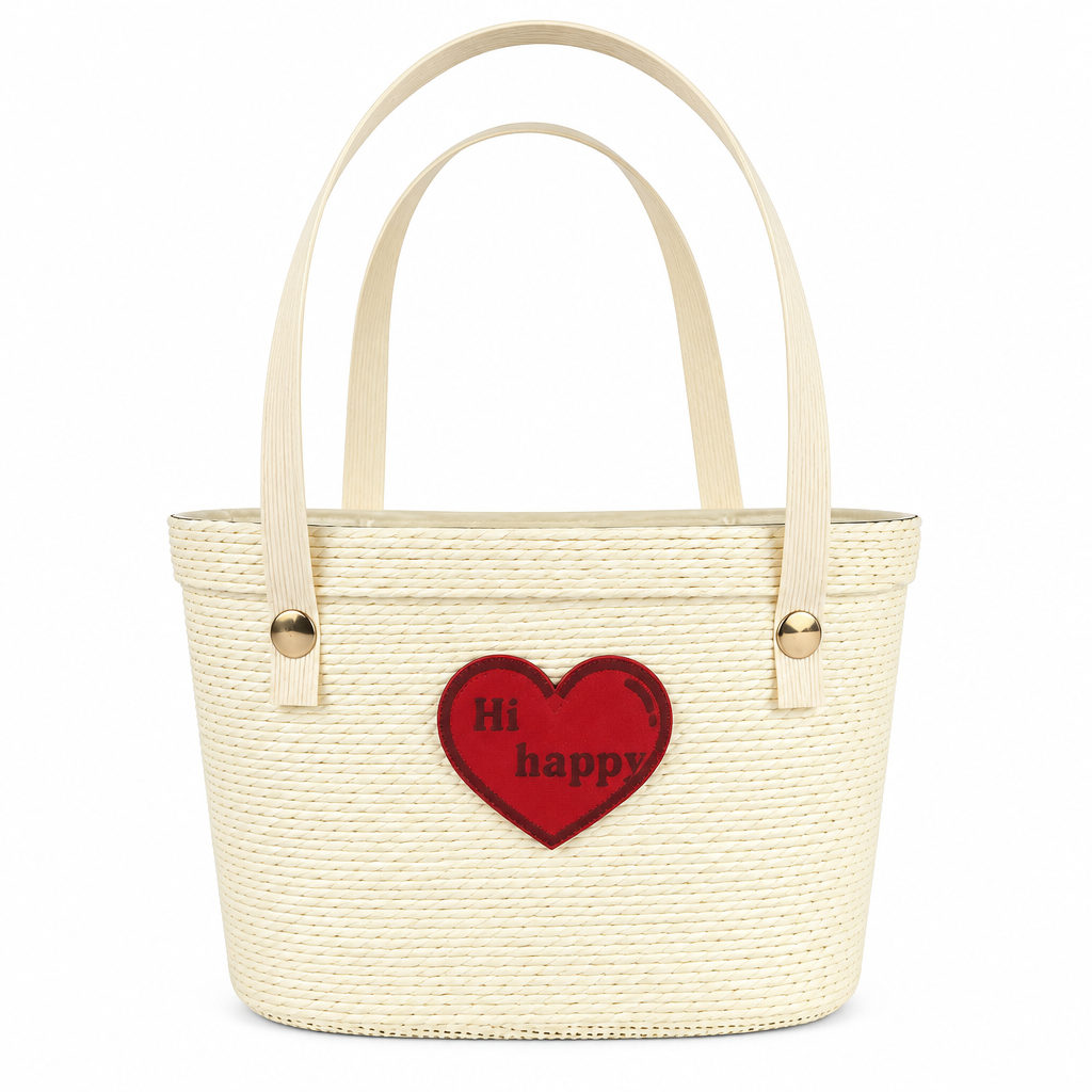 Eco-Friendly Handwoven Paper Rope Gift Basket with Biodegradable PET Lining – Reusable Tote Basket with Heart Detail, Custom Size, Color & Design