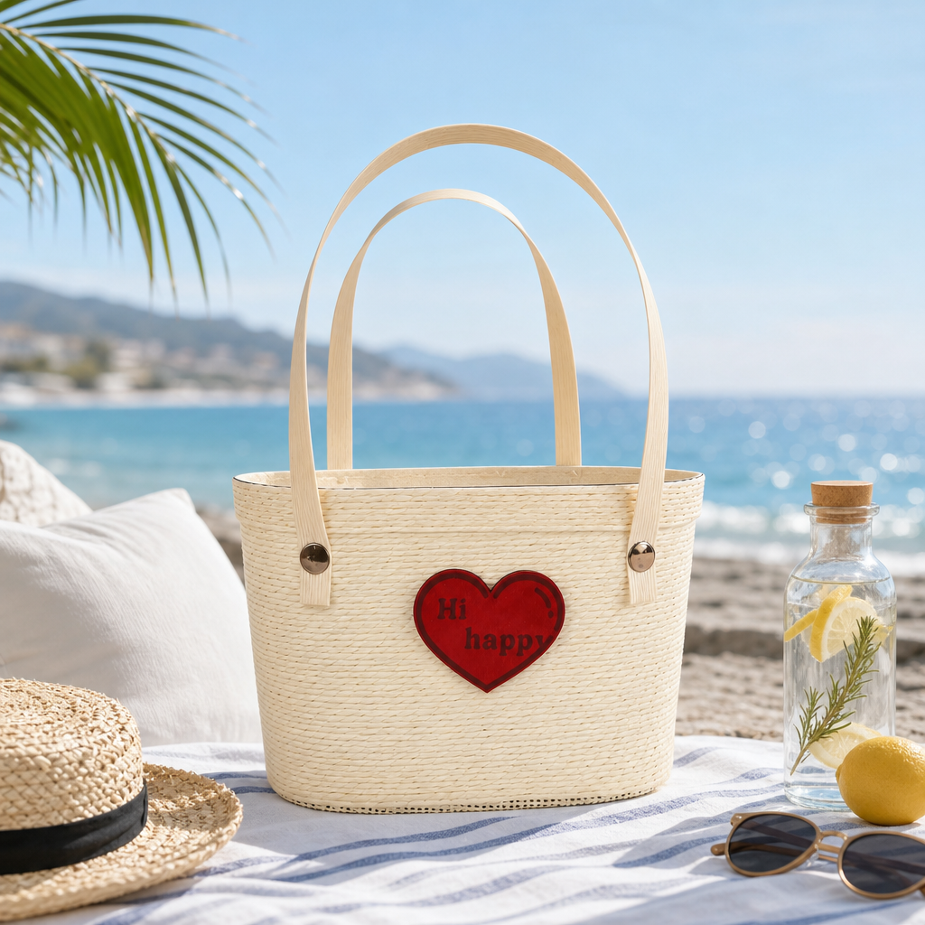 Eco-Friendly Handwoven Paper Rope Gift Basket with Biodegradable PET Lining – Reusable Tote Basket with Heart Detail, Custom Size, Color & Design