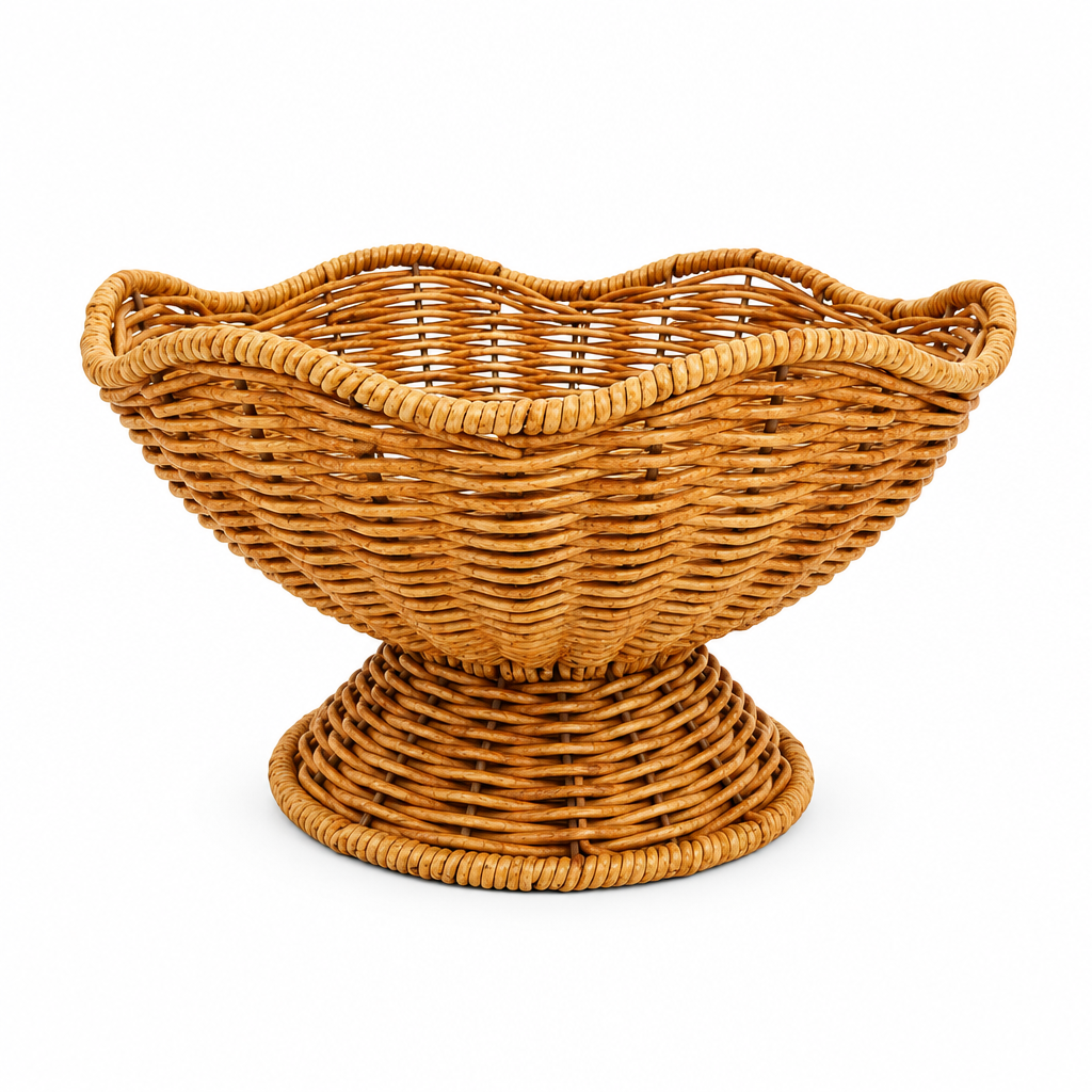 Natural Handwoven Wicker Pedestal Fruit Basket with Scalloped Rim