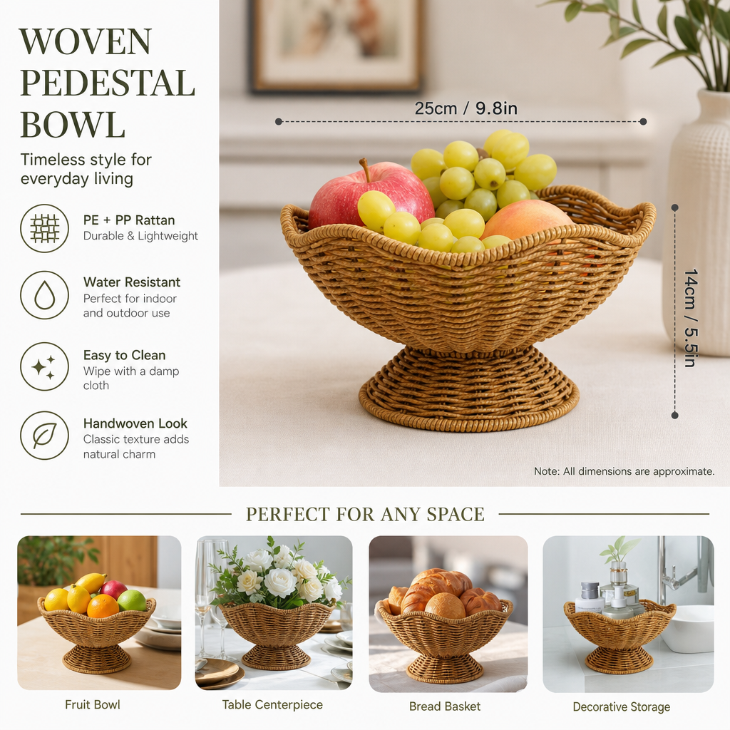 Natural Handwoven Wicker Pedestal Fruit Basket with Scalloped Rim