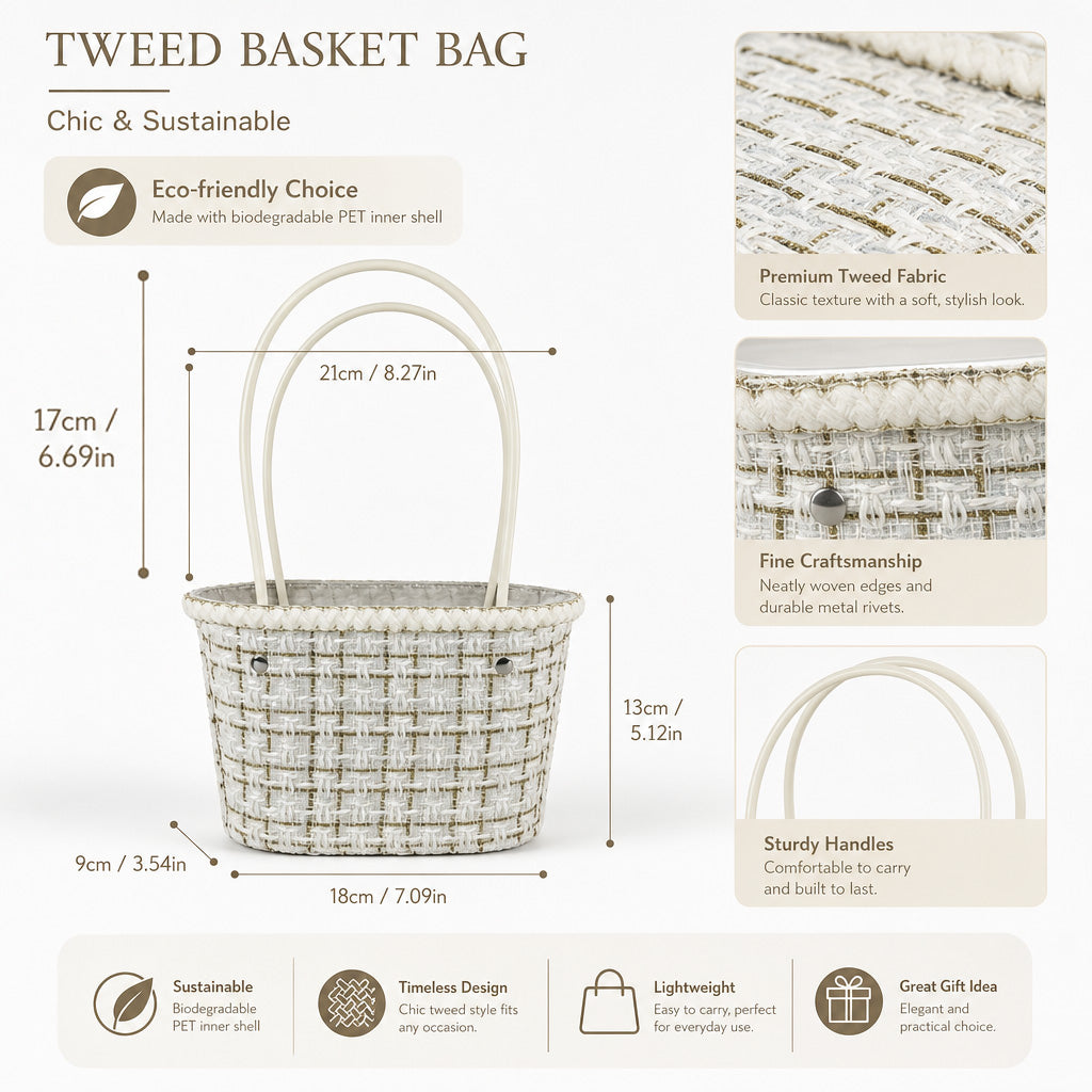 Custom Tweed Basket Bag with Biodegradable PET Inner Shell – Stylish & Sustainable Gift Basket