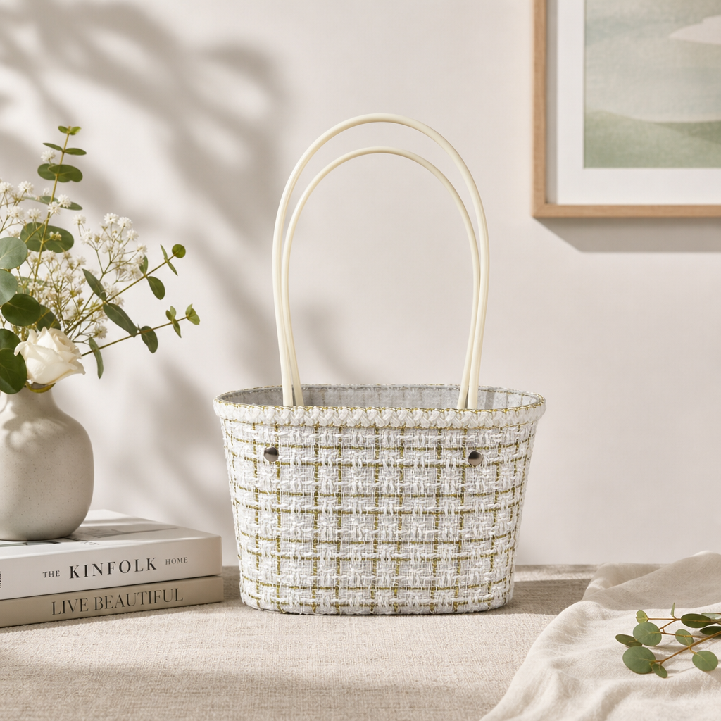 Custom Tweed Basket Bag with Biodegradable PET Inner Shell – Stylish & Sustainable Gift Basket