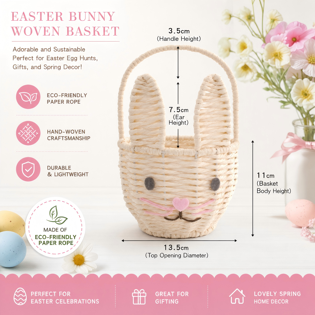 Handwoven Bunny Face Basket with Handle – Kids Easter Gift & Candy Basket