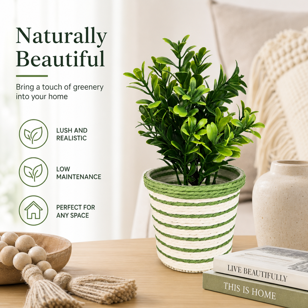 Handwoven Paper Rope Plant Basket with Green & White Stripes for Indoor Planters