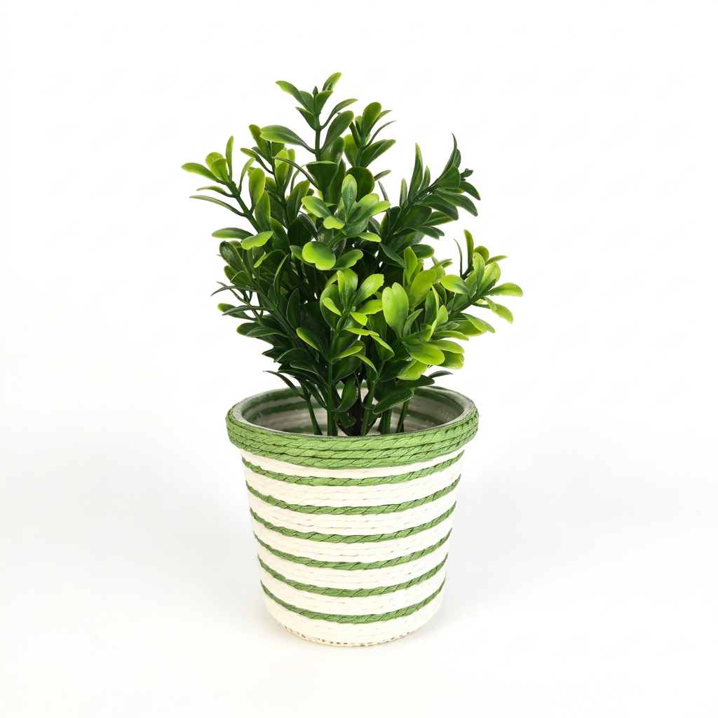 Handwoven Paper Rope Plant Basket with Green & White Stripes for Indoor Planters