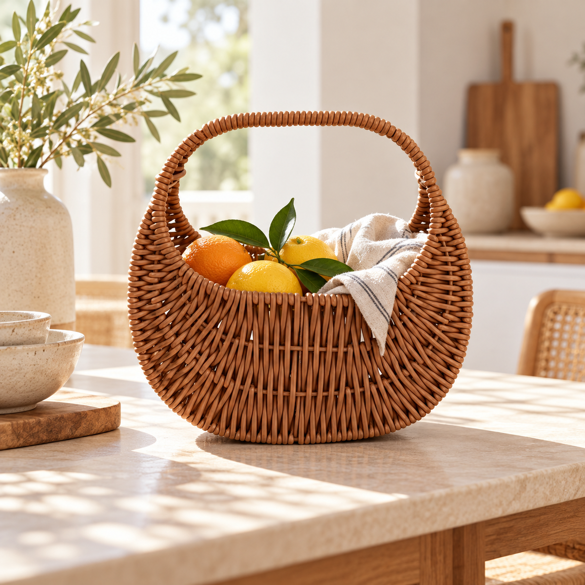 Handwoven Wicker Handled Basket – Decorative Storage, Shopping & Gift Basket
