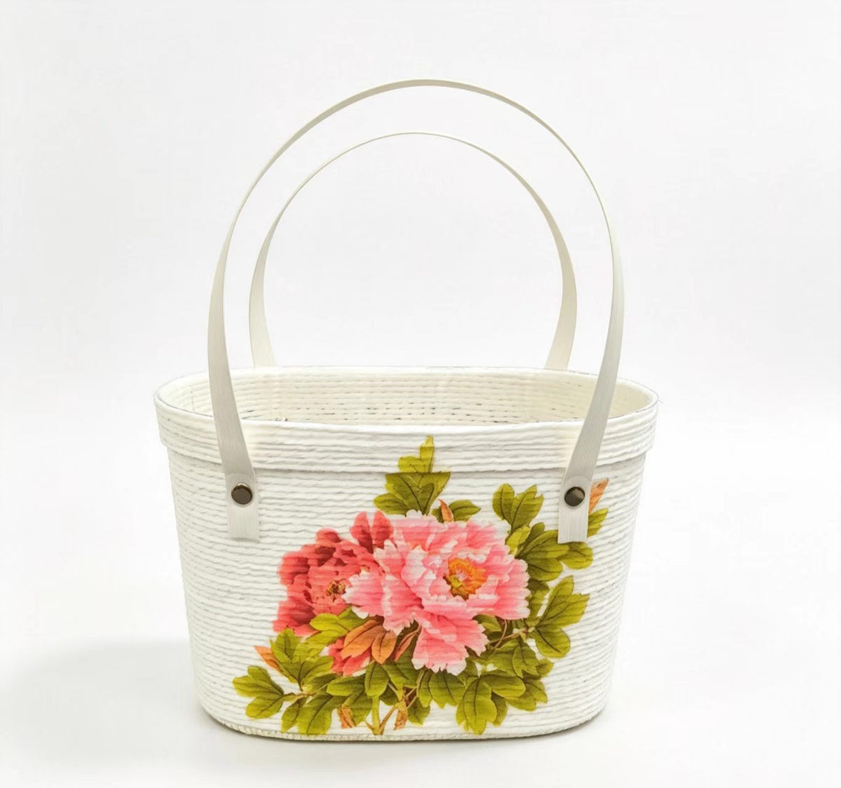 Floral Print Paper Rope Basket with PET Shell and Handles for Gifts & Home Décor